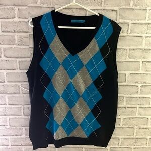 Men’s Stockhomme Gray & Turquoise & Black V-Neck Argyle Vest Size L
